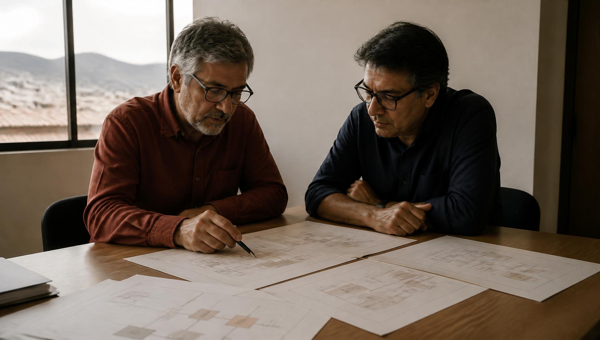 Dos ingenieros senior revisando diagramas de arquitectura impresos sobre una mesa de trabajo