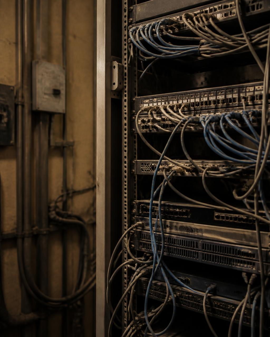 Rack de servidores antiguo con cableado de red en una sala técnica